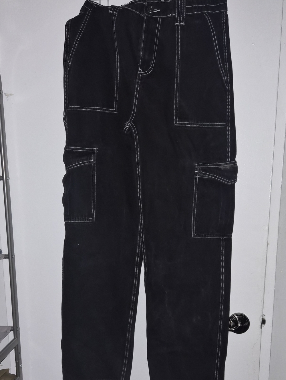 Fashion Nova Black Cargo Pants with White Contrast Stitching